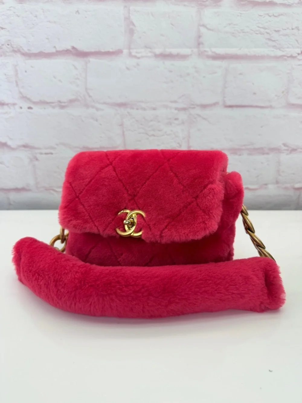 Chanel Shearling Hot Pink Quilted Flap Fur Shoulder Bag